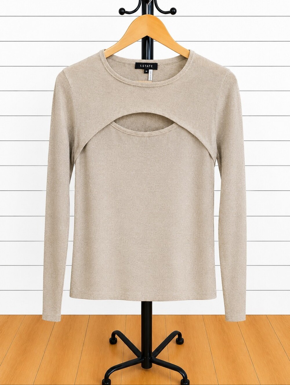 1.State Gold Metallic Long Sleeve Peekaboo Sweater Knit Top Medium